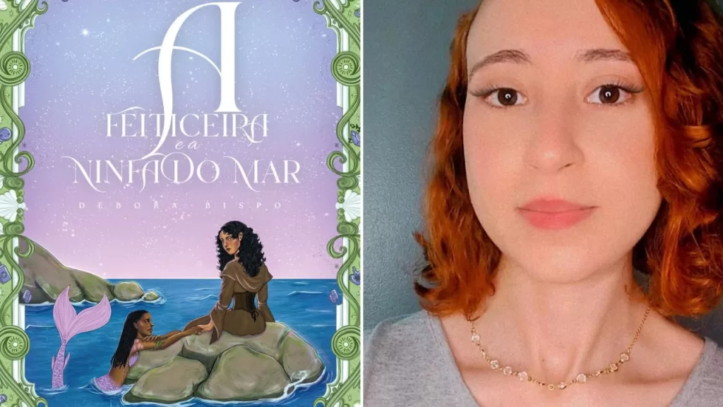 Capa do livro "A Feiticeira e a Ninfa do Mar" e sua autora, Debora Bispo