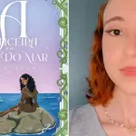 Capa do livro "A Feiticeira e a Ninfa do Mar" e sua autora, Debora Bispo