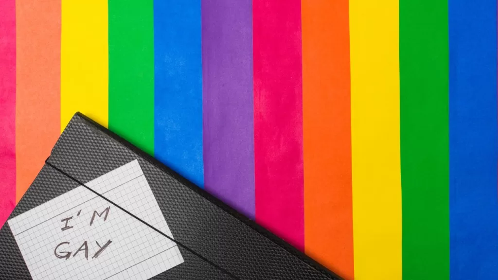 Imagem da bandeira Queer com uma pasta dizendo "im gay"