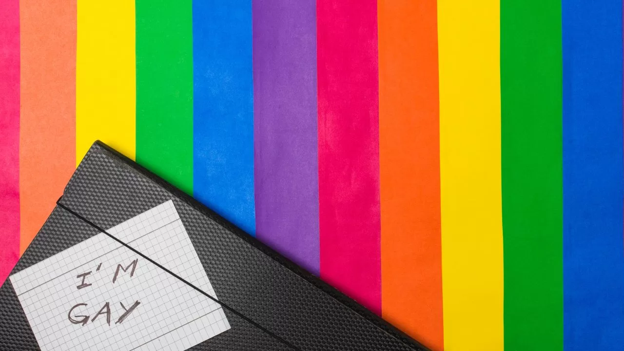 Imagem da bandeira Queer com uma pasta dizendo "im gay"
