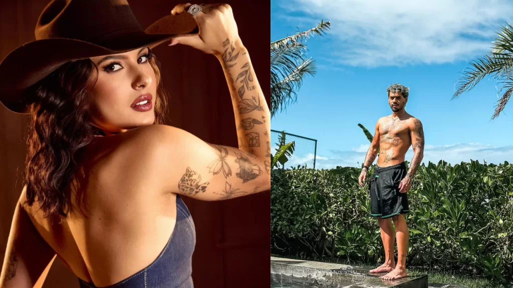 Montagem com foto de Ana Castela à esquerda e Zé Felipe à direita