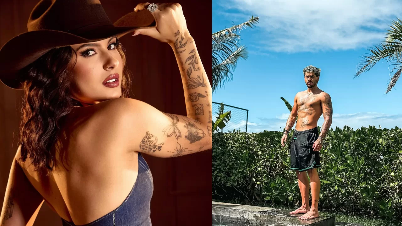 Montagem com foto de Ana Castela à esquerda e Zé Felipe à direita