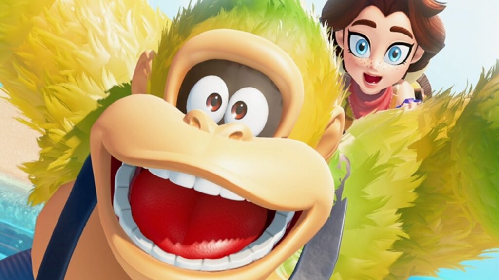 Imagem onde Donkey Kong e Pauline estão saltando Donkey Kong Bananza