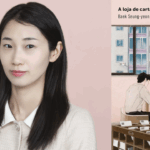 Foto da escritora Baek Seung-yeon e a capa de seu novo livro, "A loja de cartas de Seul"