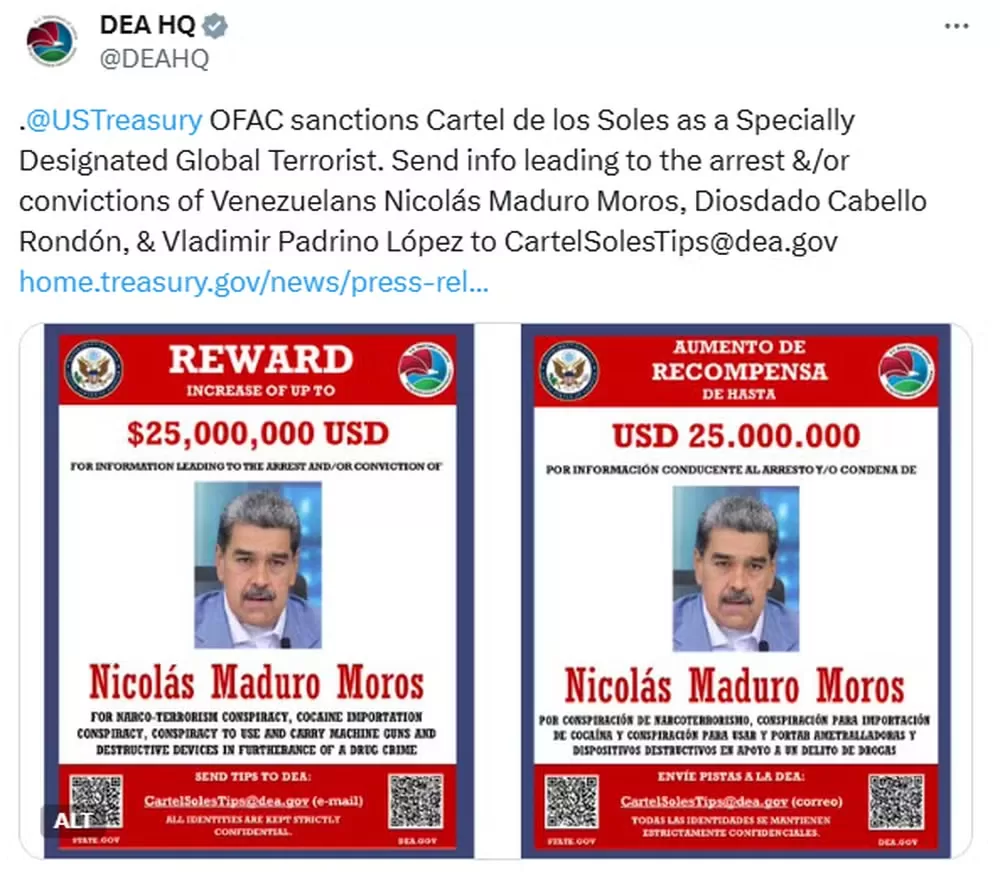 Post da DEA sobre Nicolás Maduro oferecendo recompensa por informações do mesmo