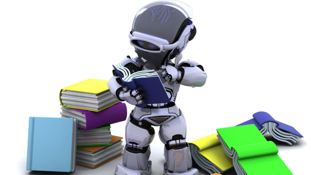 Robô posicionado ao centro da imagem em ação de leitura, rodeado por livros fechados. A composição representa visualmente o papel da inteligência artificial na literatura