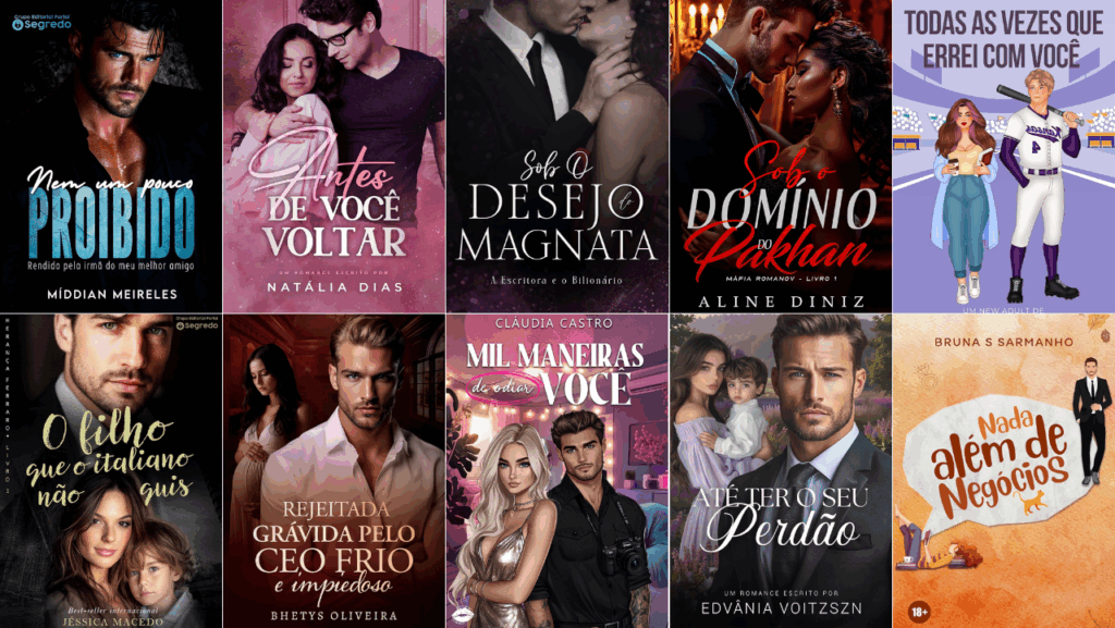 Mosaico com 10 capas de eBooks disponíveis no Kindle Unlimited em julho 2025, com foco em romances contemporâneos e protagonismo feminino