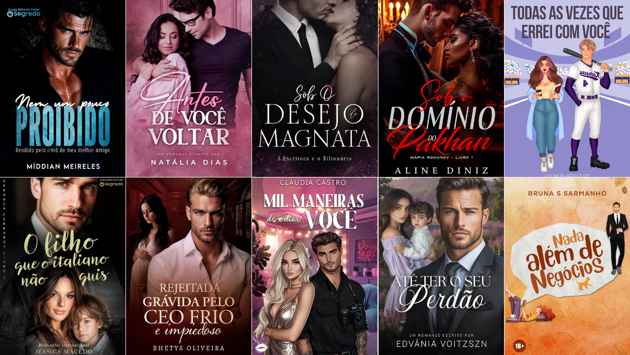 Mosaico com 10 capas de eBooks disponíveis no Kindle Unlimited em julho 2025, com foco em romances contemporâneos e protagonismo feminino