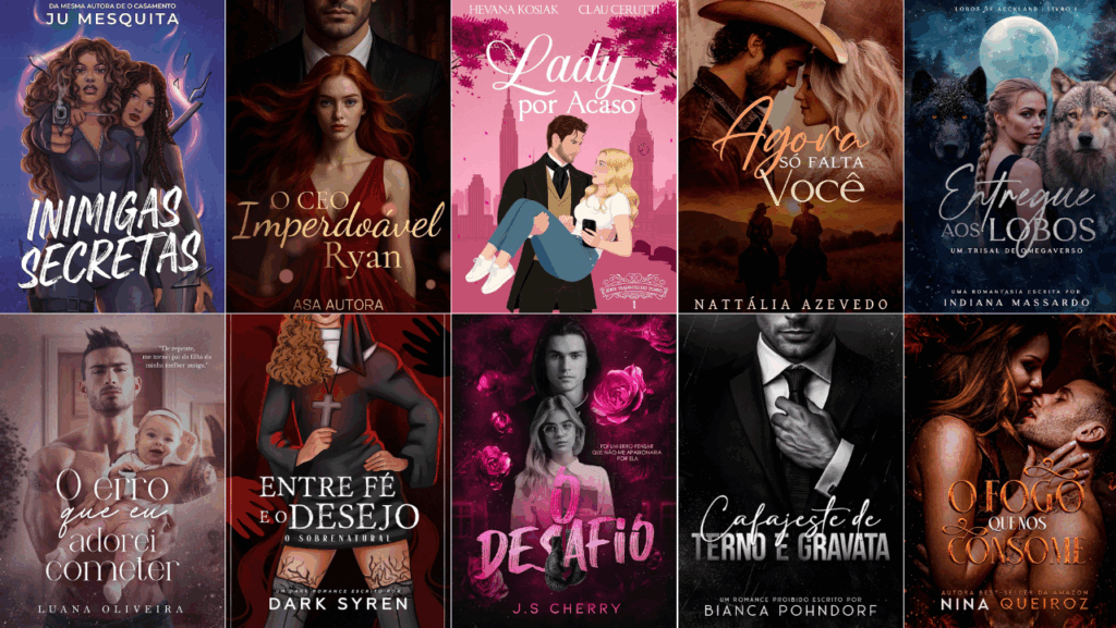 Mosaico com 10 capas de eBooks disponíveis no Kindle Unlimited em julho 2025, com foco em romances contemporâneos e protagonismo feminino.