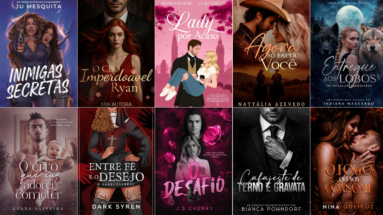 Mosaico com 10 capas de eBooks disponíveis no Kindle Unlimited em julho 2025, com foco em romances contemporâneos e protagonismo feminino.