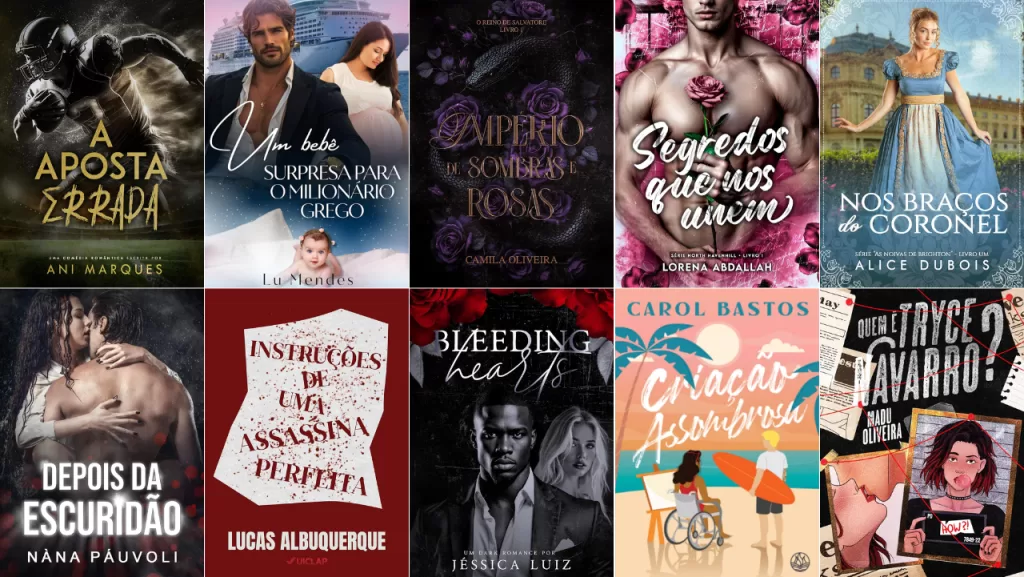Imagem reúne 10 capas de livros lançados no Kindle Unlimited esta semana, com títulos de diversos gêneros, como romance contemporâneo, fantasia e suspense