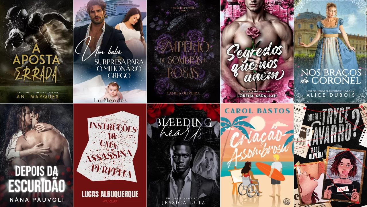 Imagem reúne 10 capas de livros lançados no Kindle Unlimited esta semana, com títulos de diversos gêneros, como romance contemporâneo, fantasia e suspense