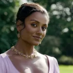Simone Ashley com vestido lilás e joias florais em cenário natural, atriz é destaque da série Bridgerton