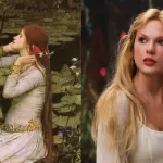 Comparação entre a pintura “Ofélia”, de John Everett Millais, e Taylor Swift em visual inspirado no destino da personagem trágica de Shakespeare.