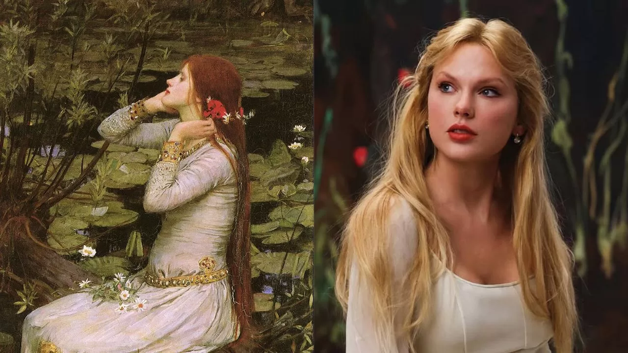 Comparação entre a pintura “Ofélia”, de John Everett Millais, e Taylor Swift em visual inspirado no destino da personagem trágica de Shakespeare.