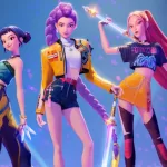 Zoye, Rumi e Mira juntas em fundo azul.