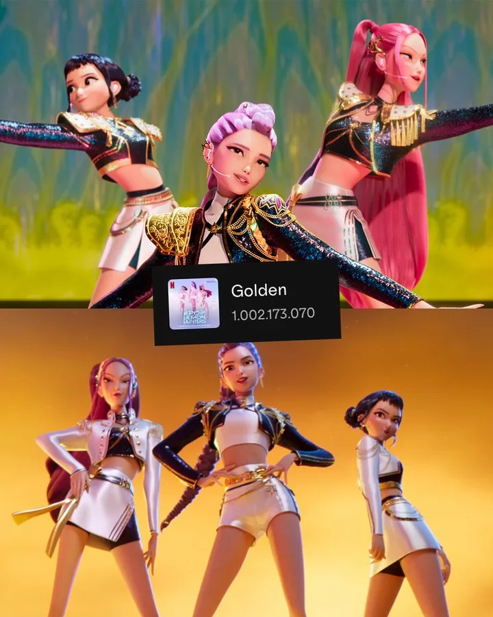 HUNTR/X juntas com a música "Golden" no centro da tela.