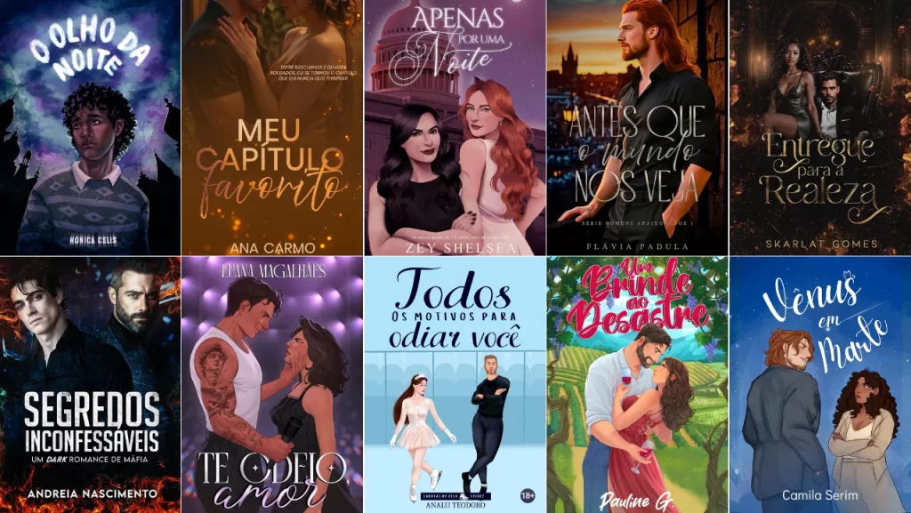 Kindle Unlimited: grid com 10 capas de romances lançados na semana, incluindo fantasia, dark romance, contemporâneo e enemies to lovers.
