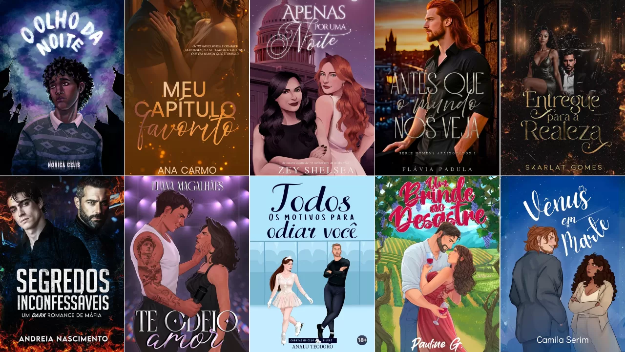 Kindle Unlimited: grid com 10 capas de romances lançados na semana, incluindo fantasia, dark romance, contemporâneo e enemies to lovers.