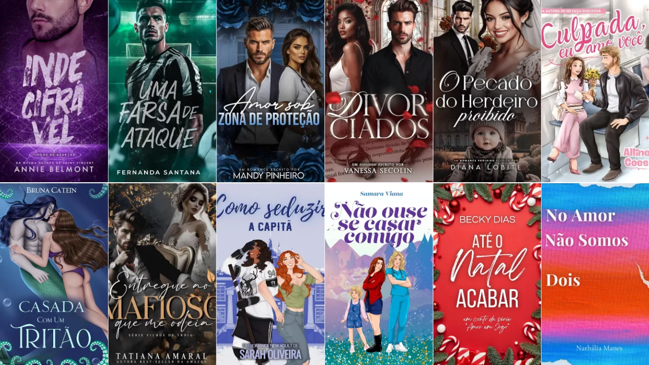 Kindle Unlimited: grid com as 12 capas dos lançamentos da semana, em vários gêneros: romance, fantasia, máfia e contemporâneo.