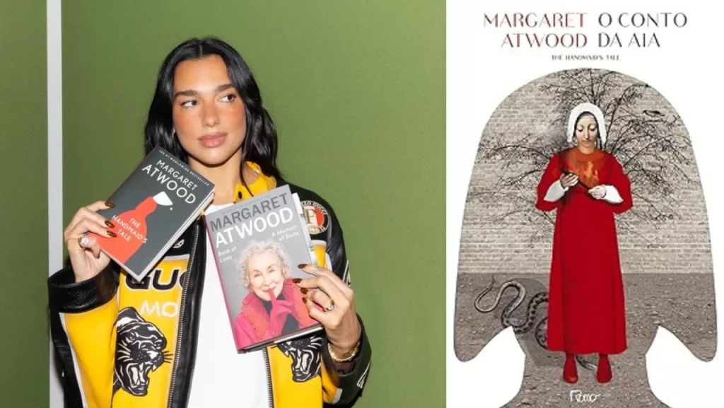 Dua lipa segurando livros  de Margaret Atwood