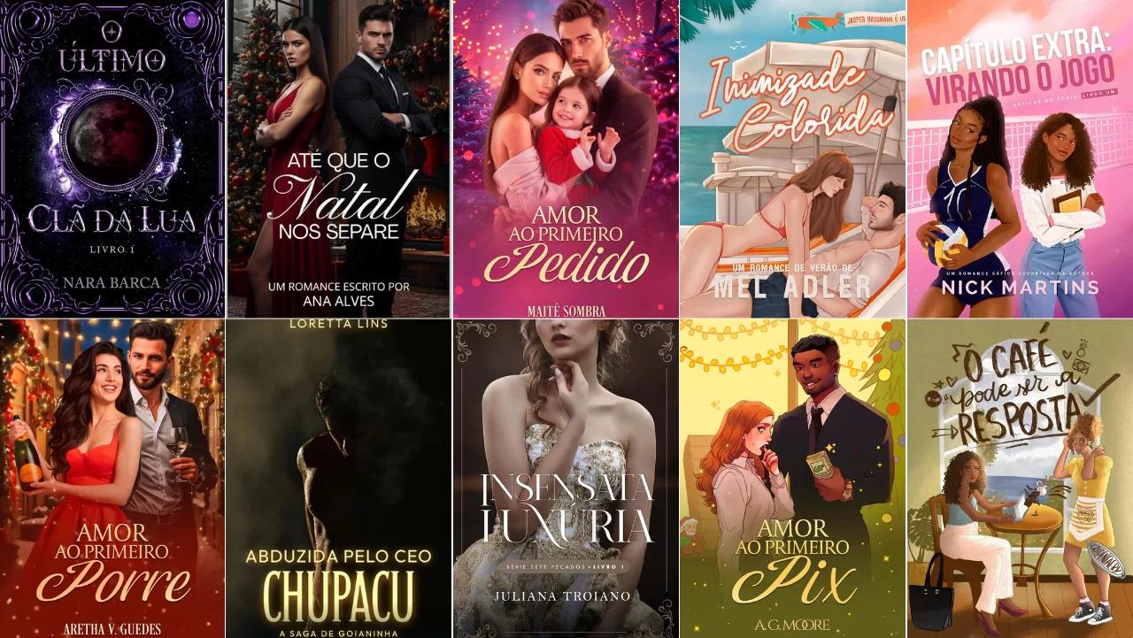 Kindle Unlimited com seleção de 10 e-books de romance, incluindo fantasia, comédia romântica, enemies to lovers, fake dating e romances natalinos.
