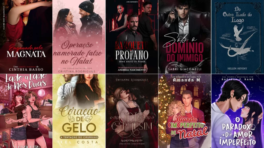 kindle unlimited com um grid de capas de 10 e-books de romance, incluindo histórias natalinas, enemies to lovers, fake dating, fantasia sombria, máfia romance e slow burn