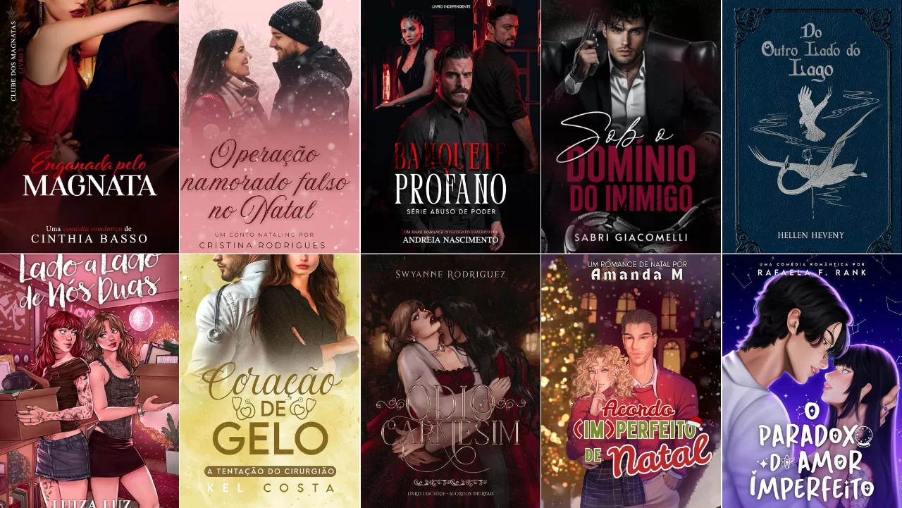 kindle unlimited com um grid de capas de 10 e-books de romance, incluindo histórias natalinas, enemies to lovers, fake dating, fantasia sombria, máfia romance e slow burn