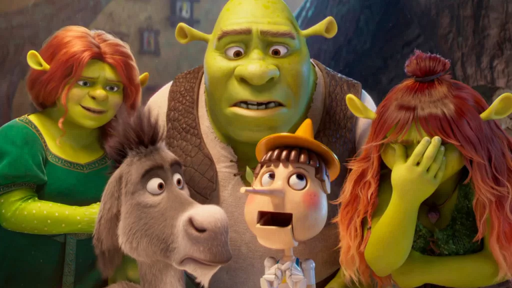 Take de Shrek 5 mostrando a família do Shrek juntamente com o Pinóquio e o burro